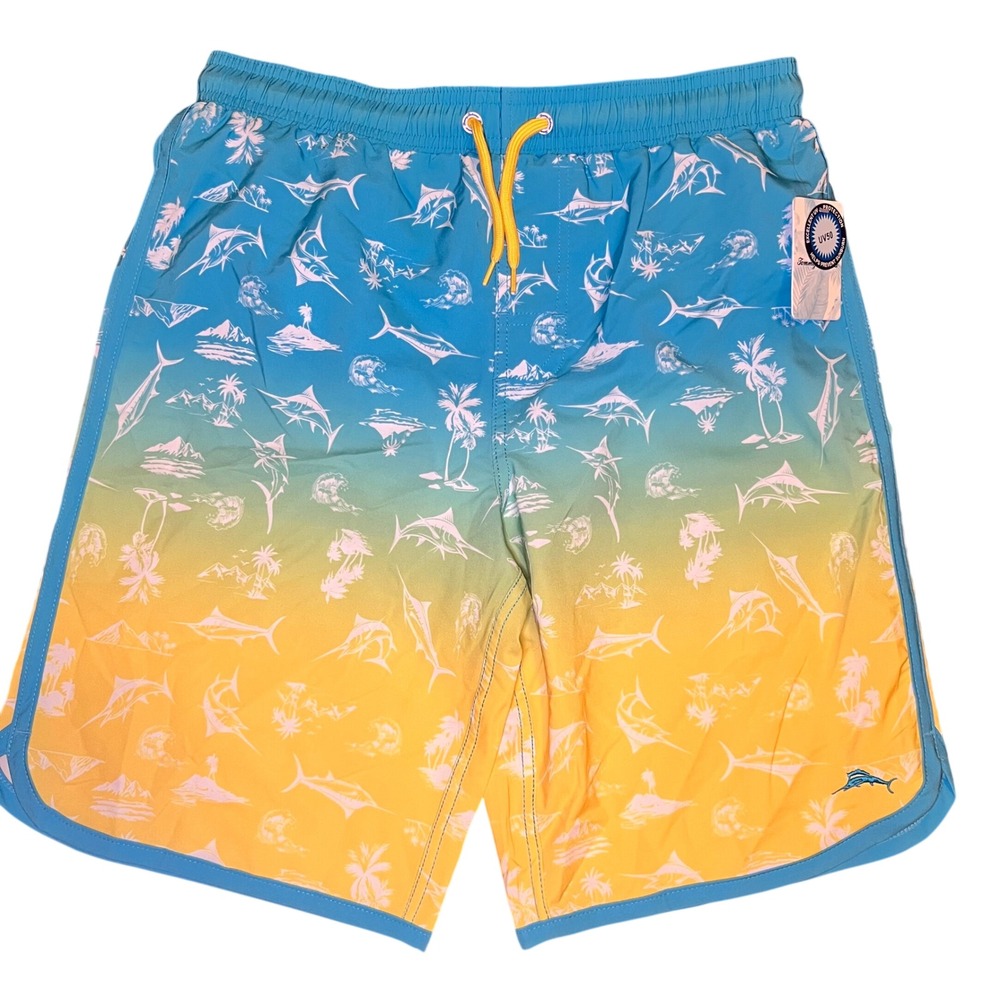 Tommy Bahama Kids Swim Trunks Shorts Blue Yellow Marlin Palm Tree  size 14-16‎
